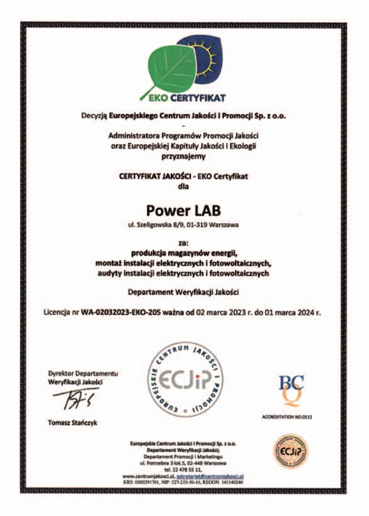 EKO Certyfikat Power LAB