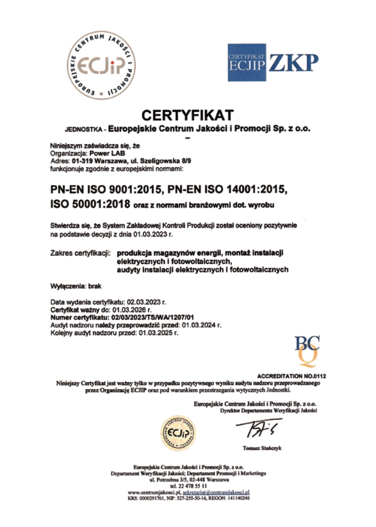 Certyfikat ISO Power LAB